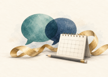 Deux bulles de dialogue, un calendrier et un crayon, au crayon et à l’aquarelle sur papier ivoire.