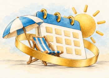 Un calendrier avec un parasol, un transat et un soleil, au crayon et à l’aquarelle sur papier ivoire.