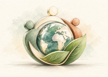 Un globe entouré de silhouettes et de feuilles vertes, au crayon et à l’aquarelle sur papier ivoire.