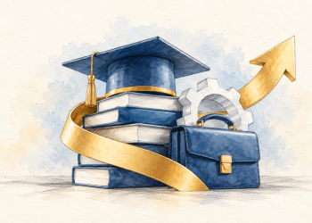 Livres, toque universitaire, mallette et flèche ascendante, au crayon et à l’aquarelle sur papier ivoire.