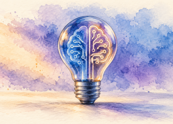 Ampoule contenant un cerveau en circuits, dessinée au crayon et à l’aquarelle bleue et violette.