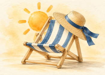 Transat rayé bleu et blanc, chapeau de paille et soleil, dessinés au crayon et à l’aquarelle sur fond ivoire.