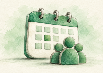 Calendrier et trois silhouettes dessinés au crayon et à l’aquarelle verte sur fond ivoire.