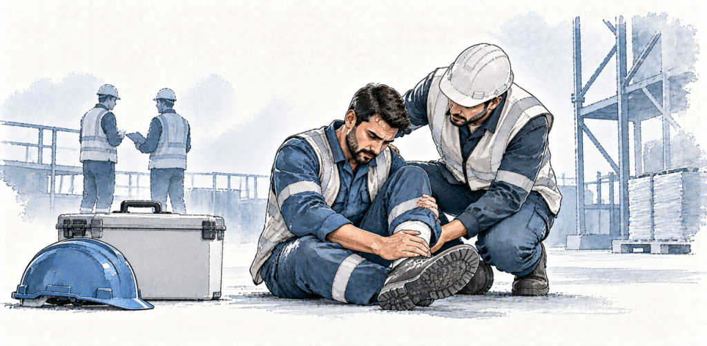 Un ouvrier blessé à la jambe sur un chantier est assisté par un collègue