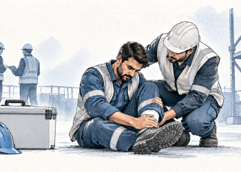 Un ouvrier blessé à la jambe sur un chantier est assisté par un collègue