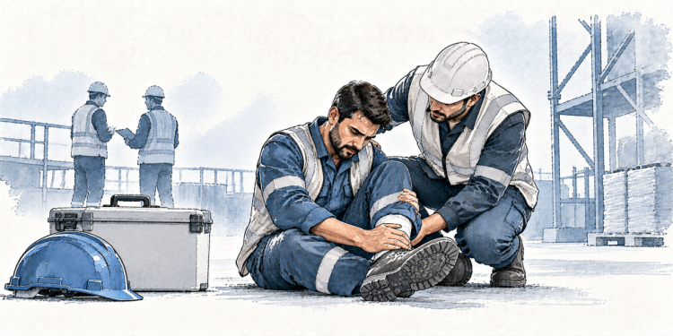 Un ouvrier blessé à la jambe sur un chantier est assisté par un collègue