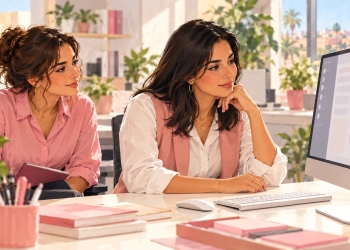 Deux collaboratrices observent un écran d’ordinateur dans un bureau lumineux, lors d’un apprentissage accompagné.