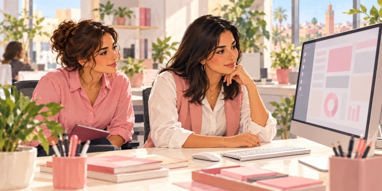 Deux collaboratrices observent un écran d’ordinateur dans un bureau lumineux, lors d’un apprentissage accompagné.