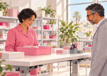 Une collaboratrice en tenue rose et un professionnel de prévention examinent un poste de travail dans un atelier clair.
