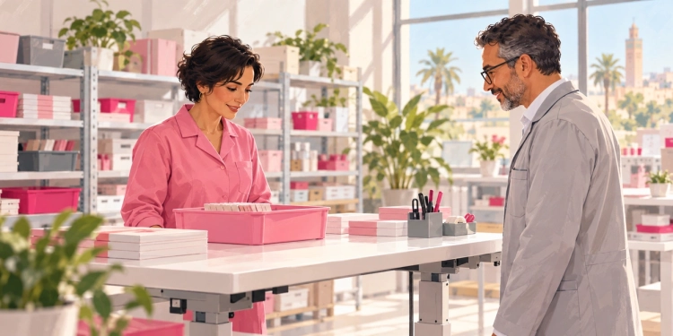 Une collaboratrice en tenue rose et un professionnel de prévention examinent un poste de travail dans un atelier clair.