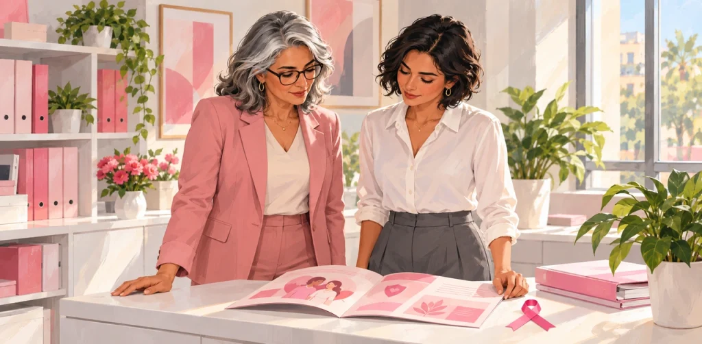Deux professionnelles examinent une brochure de garanties ouverte sur une console blanche dans un bureau aux touches roses.