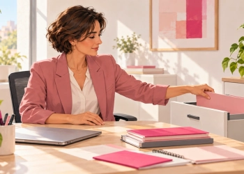 Une professionnelle range un dossier fermé dans une armoire à dossiers, dans un bureau lumineux aux accents roses.