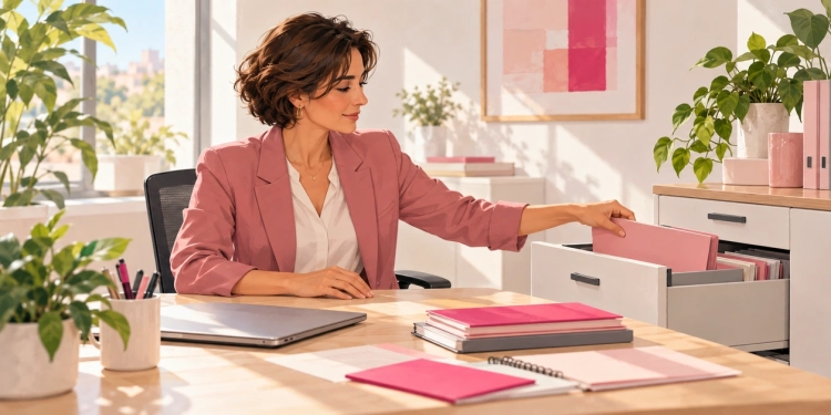 Une professionnelle range un dossier fermé dans une armoire à dossiers, dans un bureau lumineux aux accents roses.