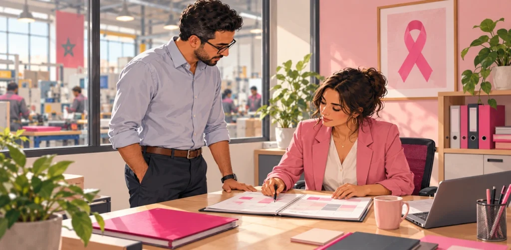 Un collaborateur échange avec une responsable sur un planning dans un bureau proche d’un atelier.