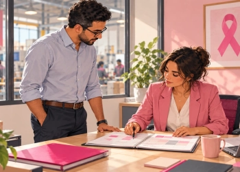 Un collaborateur échange avec une responsable sur un planning dans un bureau proche d’un atelier.