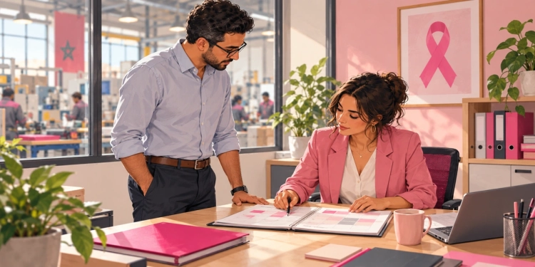 Un collaborateur échange avec une responsable sur un planning dans un bureau proche d’un atelier.