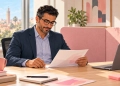 Un professionnel lit un document à son bureau, dans un espace lumineux séparé par une cloison acoustique rose.