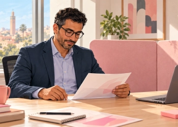Un professionnel lit un document à son bureau, dans un espace lumineux séparé par une cloison acoustique rose.