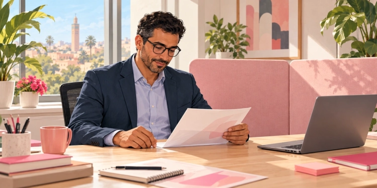 Un professionnel lit un document à son bureau, dans un espace lumineux séparé par une cloison acoustique rose.