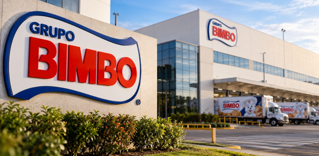Montage illustratif du groupe Bimbo avec logo et installation industrielle