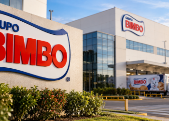 Montage illustratif du groupe Bimbo avec logo et installation industrielle