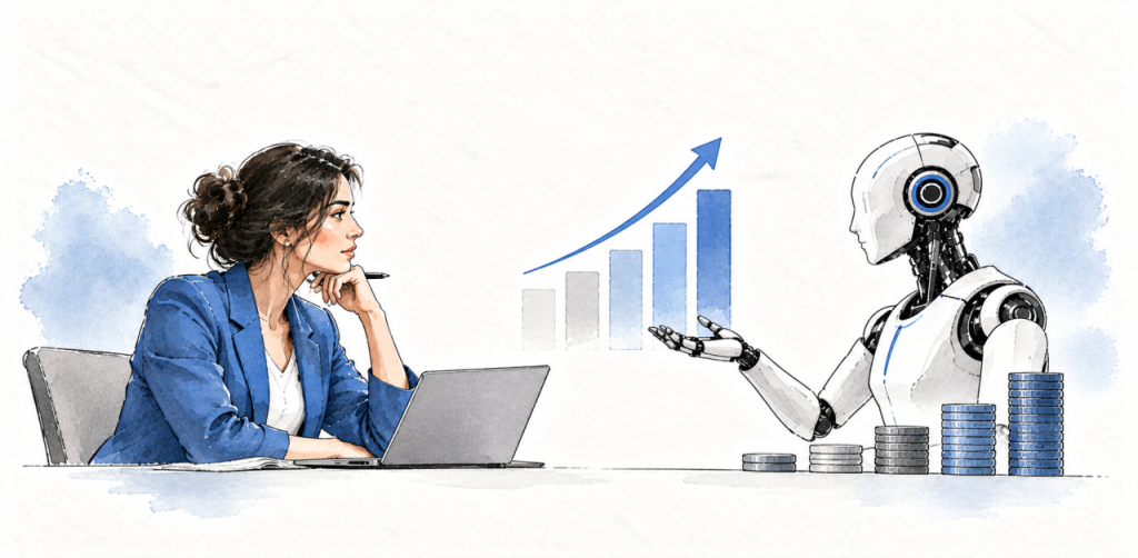 Une responsable RH et une intelligence artificielle examinent les gains de productivité et leur répartition