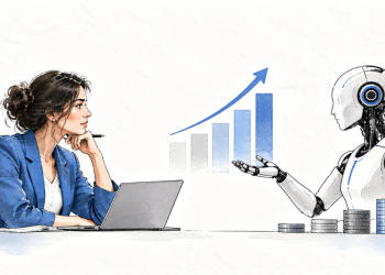 Une responsable RH et une intelligence artificielle examinent les gains de productivité et leur répartition