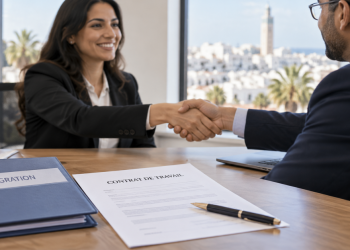 Contrat de travail et dossier Intégration devant une poignée de main.