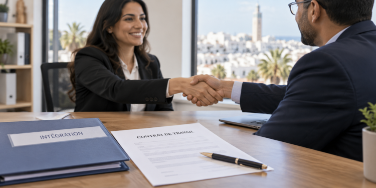 Contrat de travail et dossier Intégration devant une poignée de main.