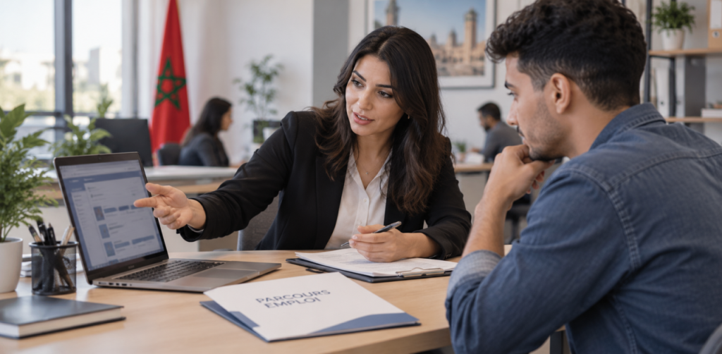 Une conseillère accompagne un candidat, avec un dossier Parcours emploi.