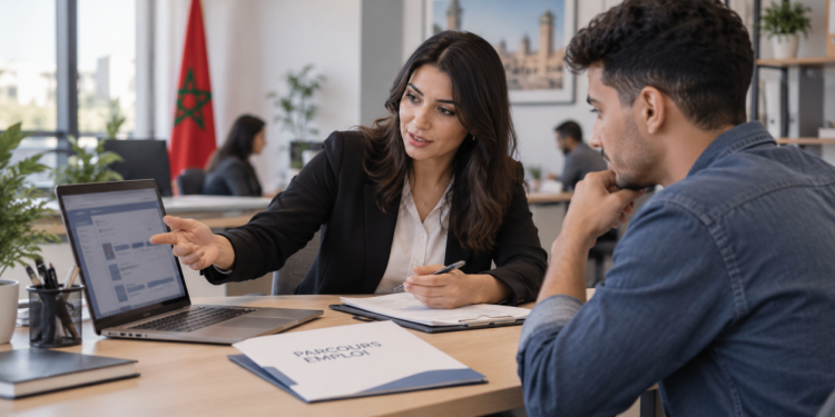 Une conseillère accompagne un candidat, avec un dossier Parcours emploi.