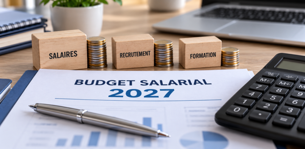Dossier Budget salarial 2027, blocs salaires, recrutement et formation, pièces et calculatrice.