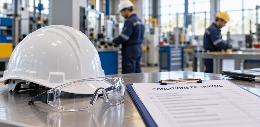 Casque, lunettes de protection et fiche Conditions de travail dans un atelier.