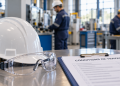 Casque, lunettes de protection et fiche Conditions de travail dans un atelier.