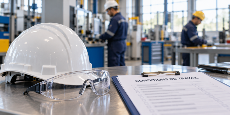 Casque, lunettes de protection et fiche Conditions de travail dans un atelier.