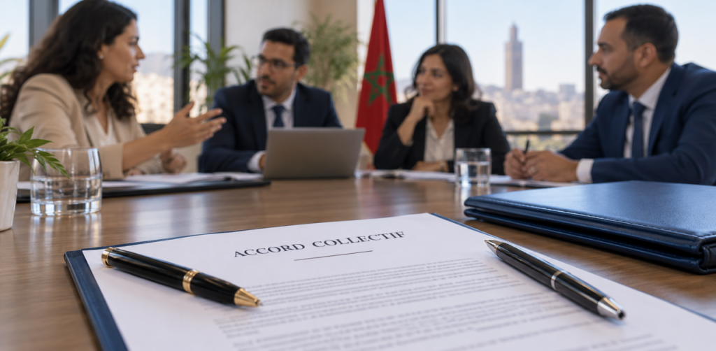Document Accord collectif au premier plan d’une réunion de négociation.