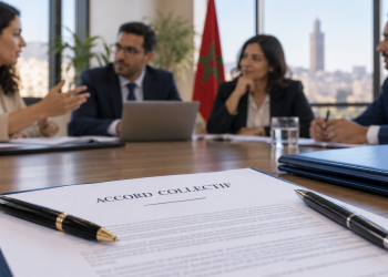 Document Accord collectif au premier plan d’une réunion de négociation.