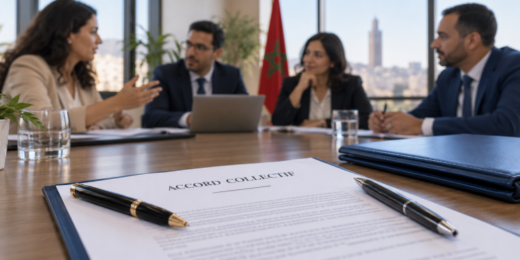 Document Accord collectif au premier plan d’une réunion de négociation.
