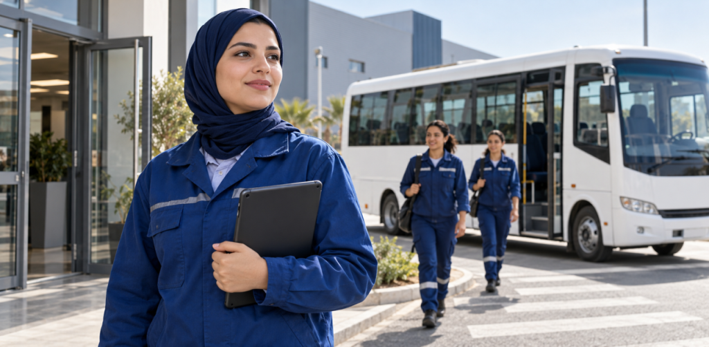 Une technicienne devant son lieu de travail et une navette de transport du personnel.