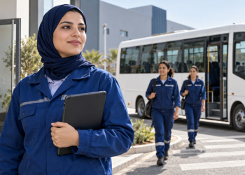 Une technicienne devant son lieu de travail et une navette de transport du personnel.