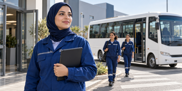 Une technicienne devant son lieu de travail et une navette de transport du personnel.