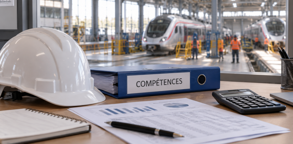Casque, dossier Compétences et calculatrice devant un atelier ferroviaire.