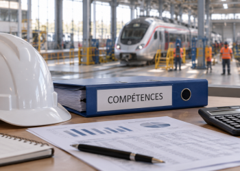 Casque, dossier Compétences et calculatrice devant un atelier ferroviaire.