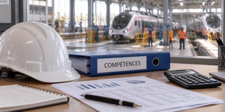 Casque, dossier Compétences et calculatrice devant un atelier ferroviaire.