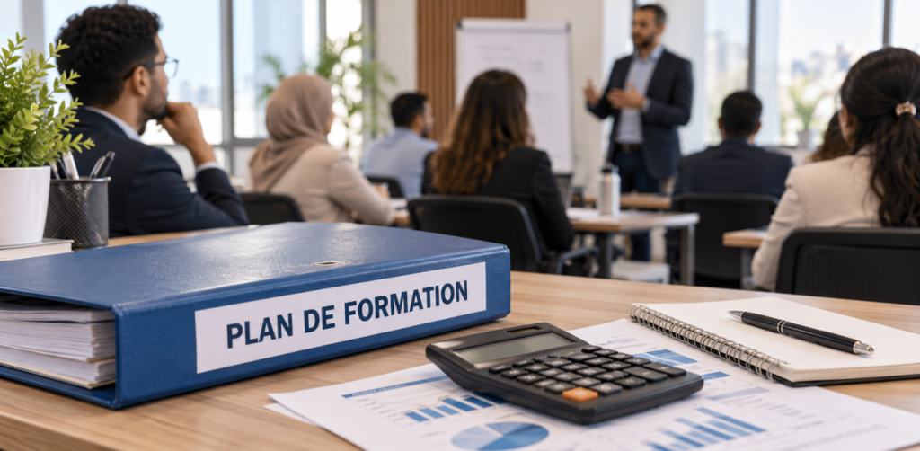 Classeur Plan de formation et calculatrice devant une salle de formation.