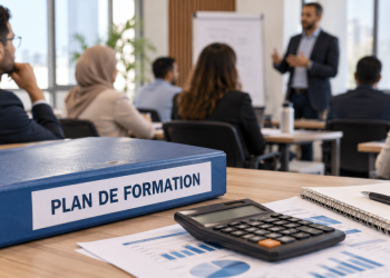 Classeur Plan de formation et calculatrice devant une salle de formation.