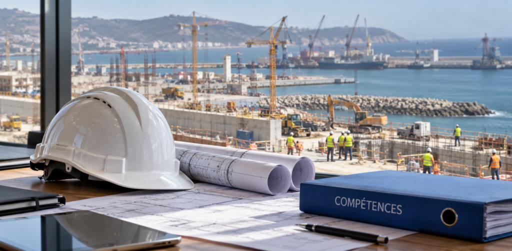 Casque, plans et dossier Compétences devant un chantier portuaire.
