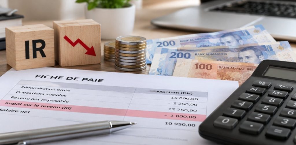 Fiche de paie, calculatrice et billets en dirhams illustrant la baisse de l'impôt sur le revenu