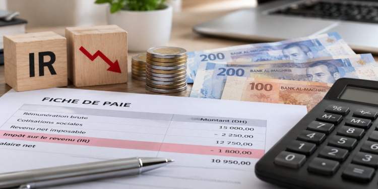 Fiche de paie, calculatrice et billets en dirhams illustrant la baisse de l'impôt sur le revenu