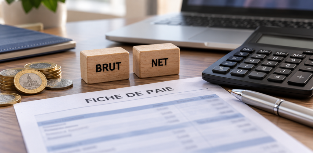 Fiche de paie, blocs brut et net, pièces et calculatrice sur un bureau.